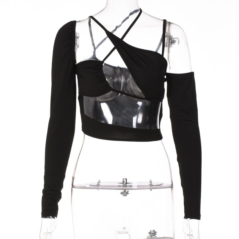 Voguable Pure Halter Single Shoulder Long Sleeve Bandage Drawstring Crop Top Fall Streetwear Outfit Y2K Party