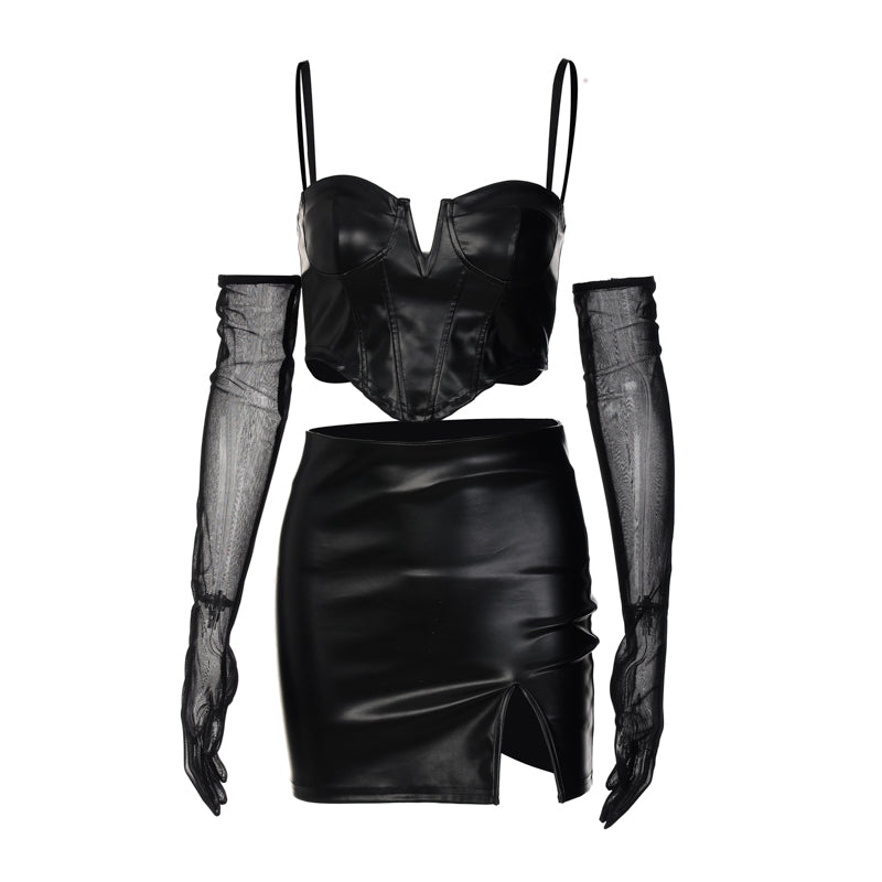 Hugcitar Pu Leather Slip With Detachable Sleeve Backless Crop Top Mini Dress 2 Pieces Set Fall Winter Party Y2K