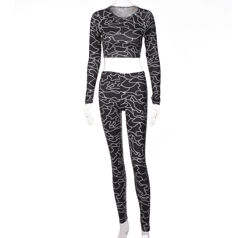 Voguable Print Long Sleeves Slim Navel Top Leggings Set Bodycon Party Elegant Club Y2K Robe Beach