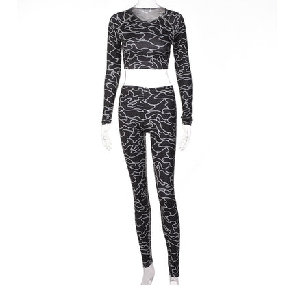 Voguable Print Long Sleeves Slim Navel Top Leggings Set Bodycon Party Elegant Club Y2K Robe Beach