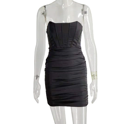 Satin Strapless Ruched Dress For Women Summer Off-shoulder Sleeveless Bodycon Party Clubwear Mini Dresses Vestidos
