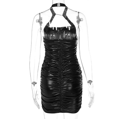 Voguable Pu Leather Solid Halter Sleeveless Masonry Draped Backless Mini Dress  Slim Elegant Street Party Outfits Y2K