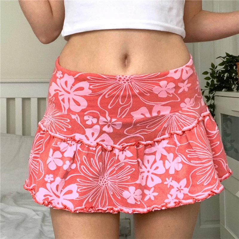 Women’s A-Line Mini Skirt 90S High Waist Floral Print Frill Trim Above Knee Short Skirt Y2k Style Skirts Streetwear