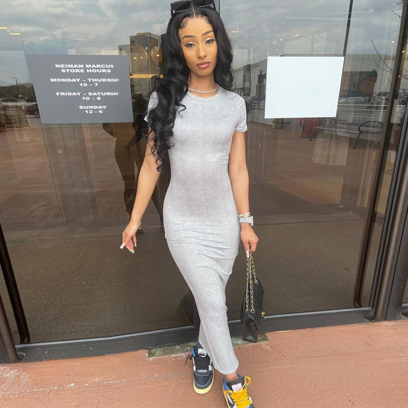Voguable  Short Sleeve O-Neck Solid Bodycon Dress Streetwear Y2K Party Casual Club