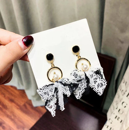 Korean Dangle Drop Earrings Black Tulle Yarn Rhinestone Bow Knot Kawaii Fashion Jewelry for Women Fall Winter