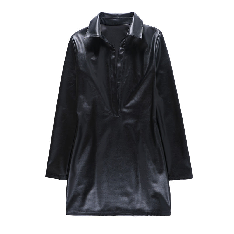 Voguable  Pu Leather Deep V Neck Long Sleeve Loose Mini Dress Winter Casual Streetwear Outfits Club Y2K
