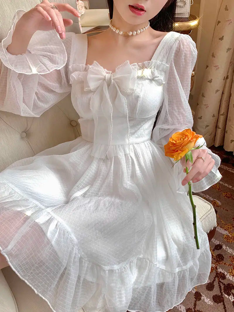 Voguable French Sweet Fairy Lolita Dress Long Sleeve Lace Y2K Mini Dress Vintage Kawaii Clothes One Piece Dress