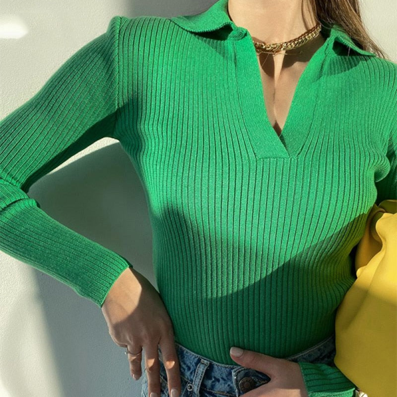 Casual Knitted Sweater Pullover Basic V Neck Long Sleeve Slim Fit T-shirt FeWinter Jumpers Top Y2K Clothes