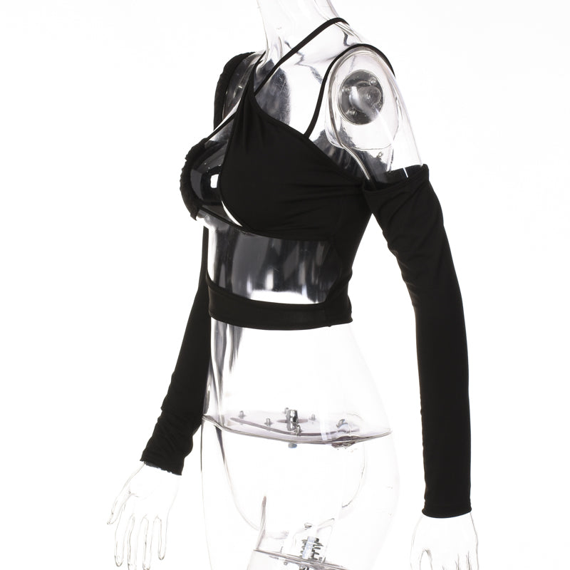 Voguable Pure Halter Single Shoulder Long Sleeve Bandage Drawstring Crop Top Fall Streetwear Outfit Y2K Party