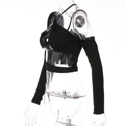 Voguable Pure Halter Single Shoulder Long Sleeve Bandage Drawstring Crop Top Fall Streetwear Outfit Y2K Party