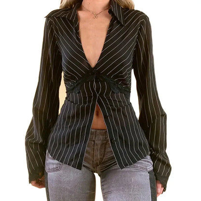 Striped Shirts Lace Trim Deep V Neck Single Breasted Flared Sleeve Cardigan Blouses Tops y2k Clothing Streetwear