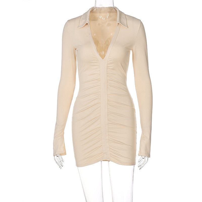 Voguable Solid Pleated Polo Neck Long Sleeves Mini Dress Streetwear Y2K Elegant Wear