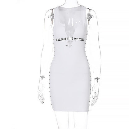 Voguable Sleeveless  Mini Dress Patchwork  With Corset Patchwork Zipper Bodycon Streetwear Casual Y2K