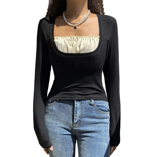 Fairycore Bow Low Cut Long Sleeve Top Fall 2021 Womens Fashion Aestheitc Black T Shirts Sexy Vintage E Girl Clothes