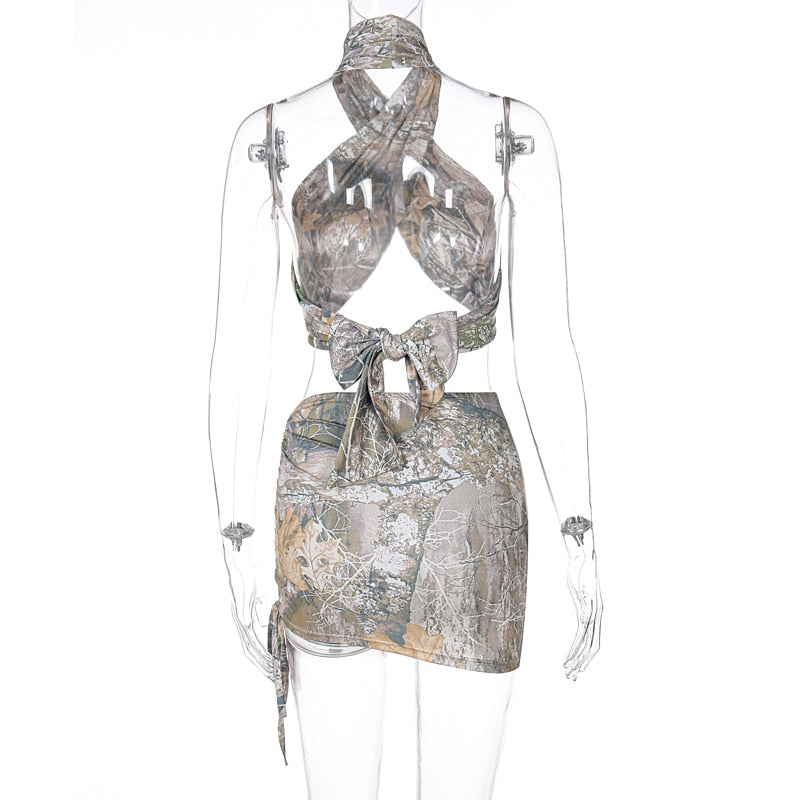 Voguable  Vintage Print Sleeveless Bandage Crop Top Skirt 2 Pieces Set Streetwear Y2K Tracksuit