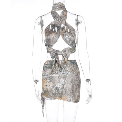 Voguable  Vintage Print Sleeveless Bandage Crop Top Skirt 2 Pieces Set Streetwear Y2K Tracksuit