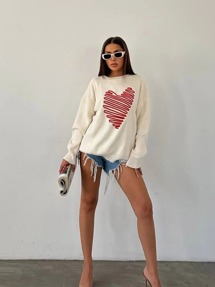 Heart Pattern Embroidery Women Knitted Jumper Round Neck Long Sleeve Loose Sweater