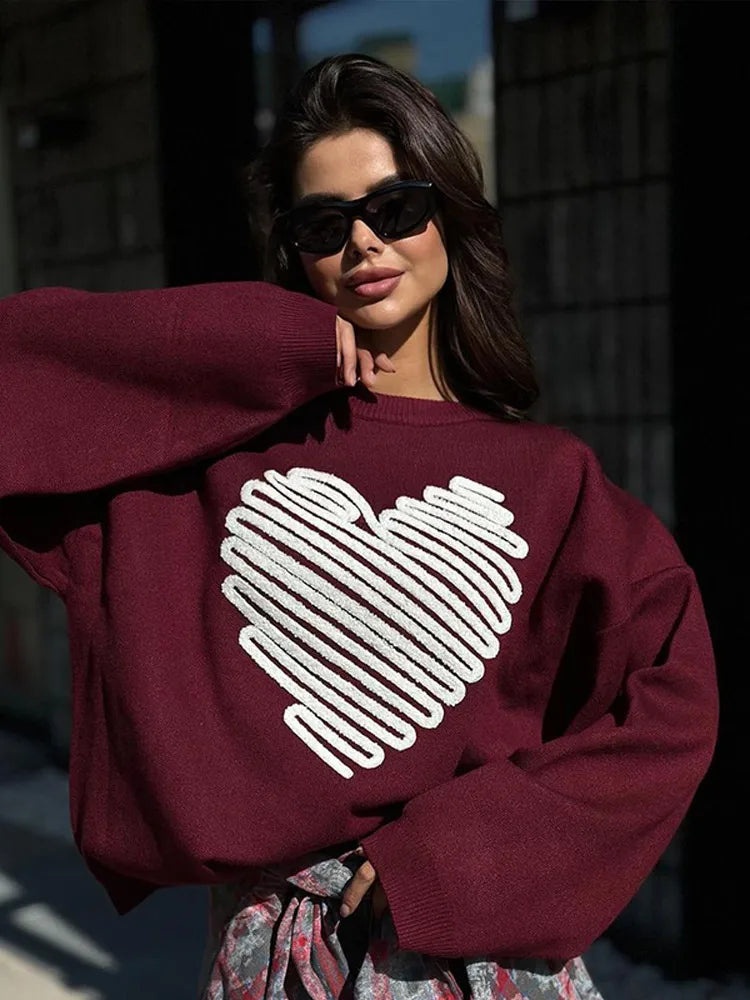 Heart Pattern Embroidery Women Knitted Jumper Round Neck Long Sleeve Loose Sweater