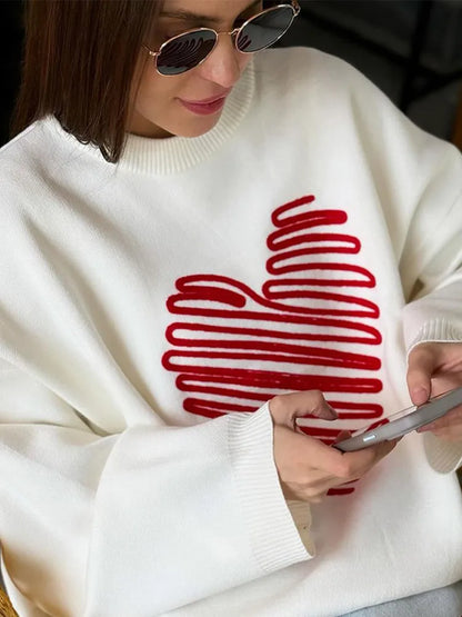 Heart Pattern Embroidery Women Knitted Jumper Round Neck Long Sleeve Loose Sweater