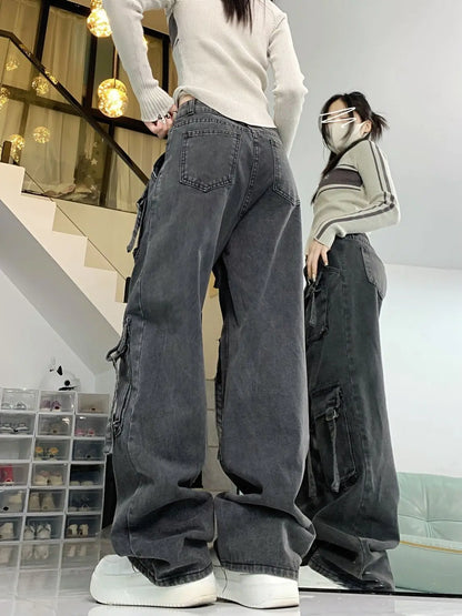 Washed Multi-pocket Cargo Pants Women Dark Grey Personality High Waisted Pants