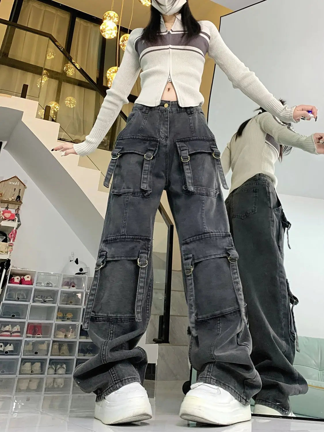 Washed Multi-pocket Cargo Pants Women Dark Grey Personality High Waisted Pants