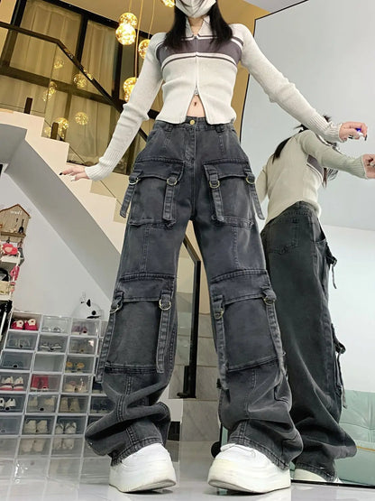 Washed Multi-pocket Cargo Pants Women Dark Grey Personality High Waisted Pants