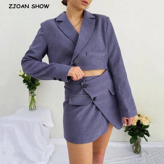Vintage Sexy One Button Short Women Corduroy Blazer High Waist Irregular Cross Slit Mini Skirt Long Sleeve Suits 2 Pieces Set