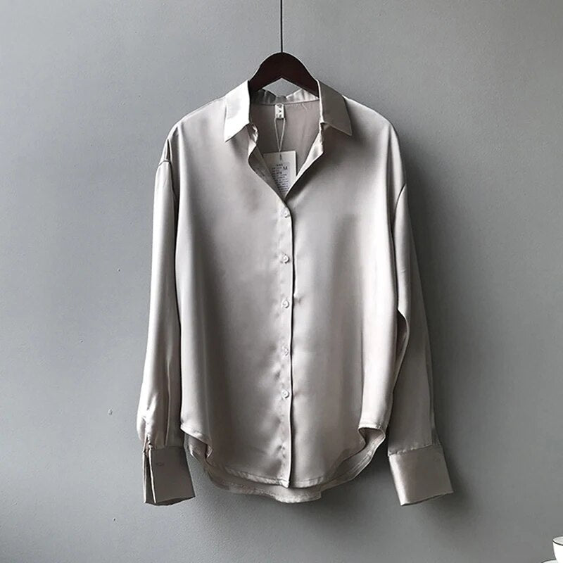 Blusa elegante de satén con botones y manga larga para mujer | Ideal para primavera/verano