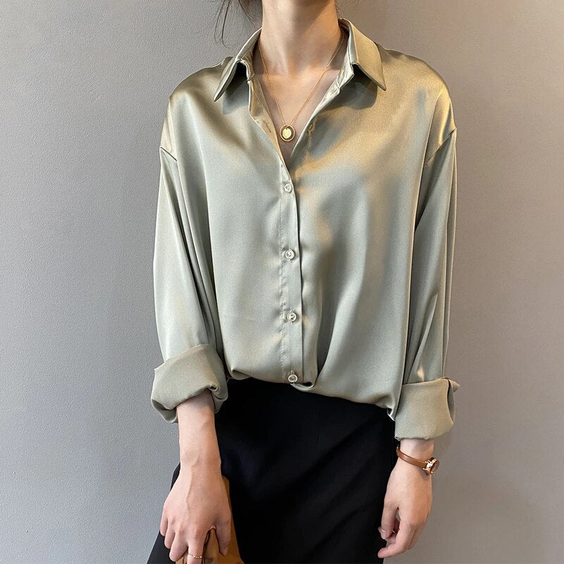 Blusa elegante de satén con botones y manga larga para mujer | Ideal para primavera/verano