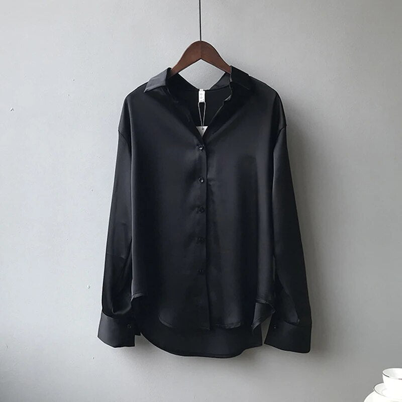 Blusa elegante de satén con botones y manga larga para mujer | Ideal para primavera/verano
