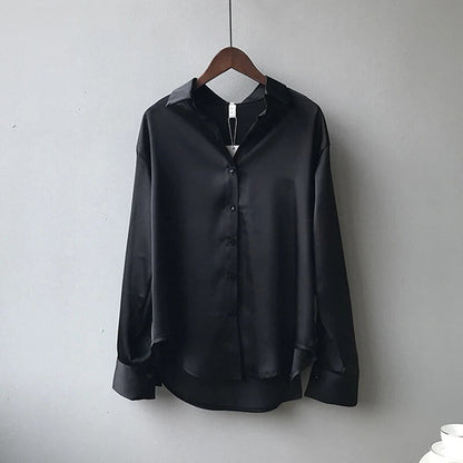 Blusa elegante de satén con botones y manga larga para mujer | Ideal para primavera/verano