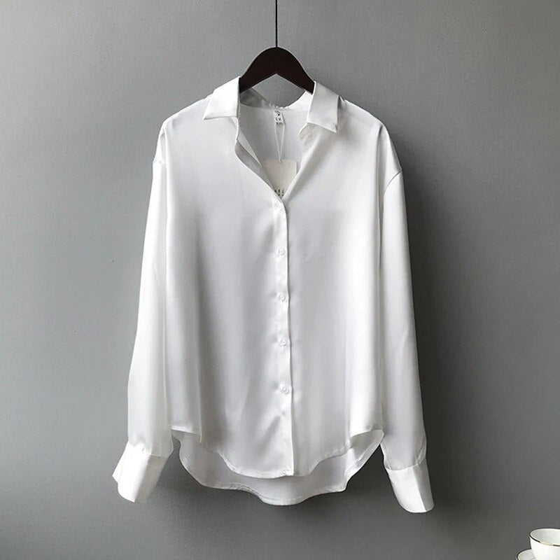 Blusa elegante de satén con botones y manga larga para mujer | Ideal para primavera/verano