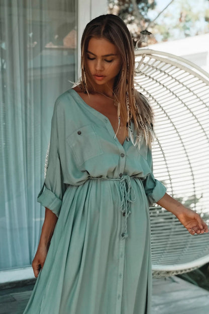 DressBetty - Sexy Button Pockets Front Open Self Belted High Waist Summer Dress