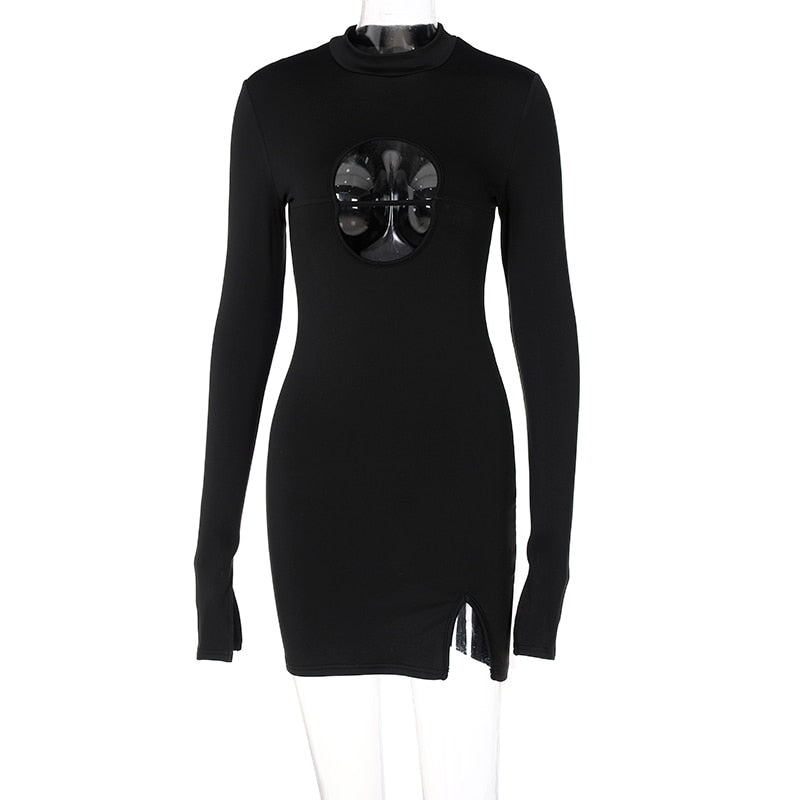 Voguable Long Flare Sleeve O Neck Bodycon Hollow Out Mini Dress Winter Outfit Y2K Slim Streetwear