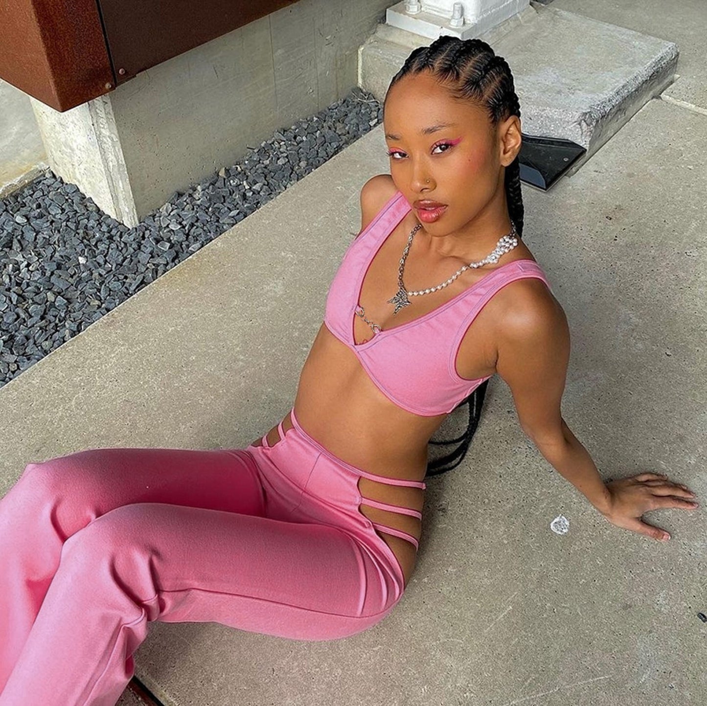 Voguable  Solid Straps Tanks Hollow Out Tank Crop Top Pants 2 Pieces Set Streetwear Party Club Outfits Y2K