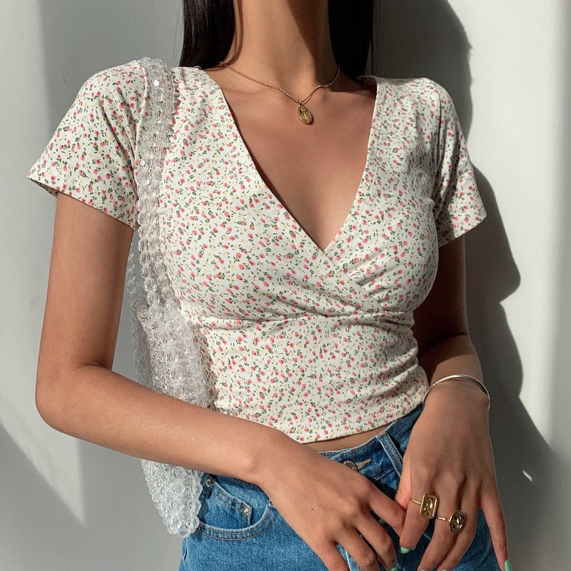 Y2K Vintage Floral Cross Crop Top T-shirt Cropped Slim Short Sleeve V-neck Clothes Tee Shirt Femme Woman Tops