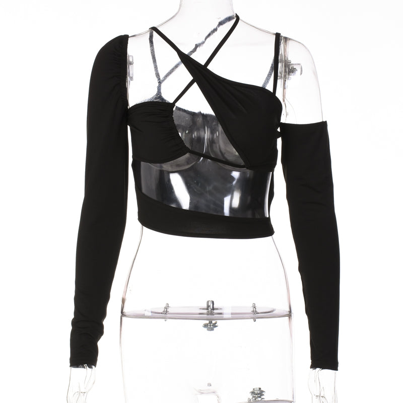Voguable Pure Halter Single Shoulder Long Sleeve Bandage Drawstring Crop Top Fall Streetwear Outfit Y2K Party