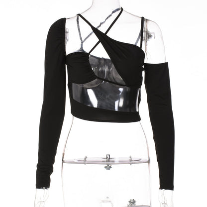 Voguable Pure Halter Single Shoulder Long Sleeve Bandage Drawstring Crop Top Fall Streetwear Outfit Y2K Party