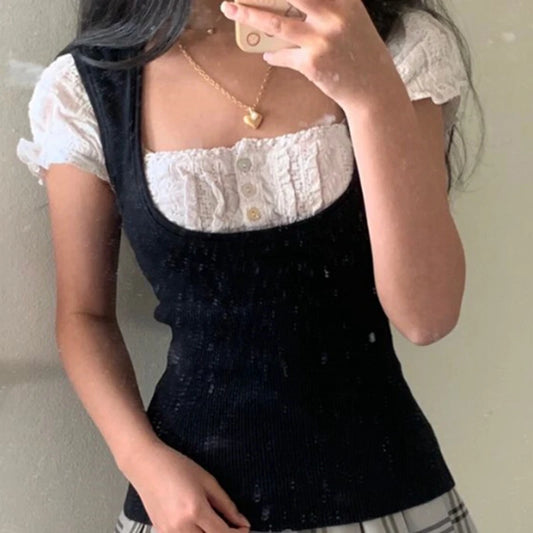 y2k Patchwork T-shirt Women Vintage Fairy Grunge Kawaii Botton Short Sleeve Tees Preppy Style Harajuku Korean Fashion T-shirt