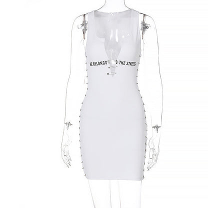 Voguable Sleeveless  Mini Dress Patchwork  With Corset Patchwork Zipper Bodycon Streetwear Casual Y2K