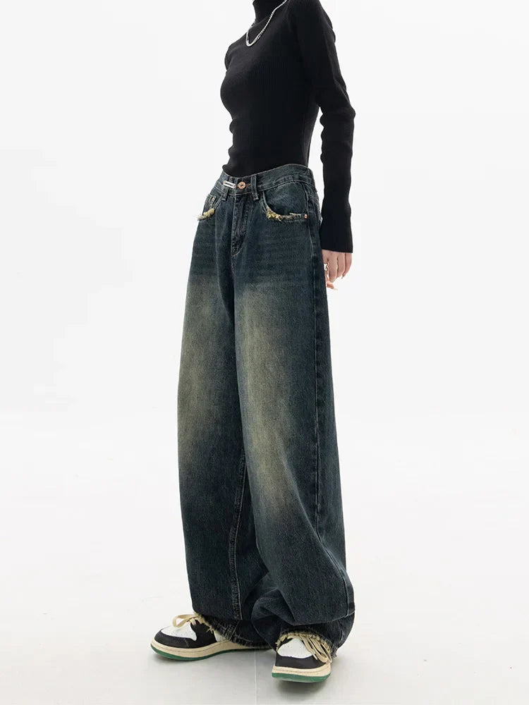 Harajuku Vintage Style Streetwear Loose Fashion Femme Wide Leg Denim Jeans