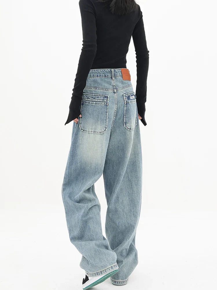 Vintage Style High Waist Loose Wide Leg Denim Jeans
