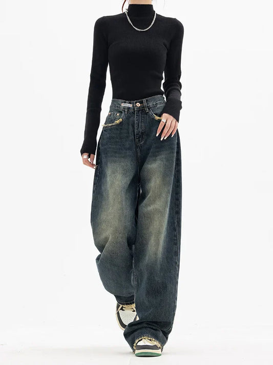 Harajuku Vintage Style Streetwear Loose Fashion Femme Wide Leg Denim Jeans