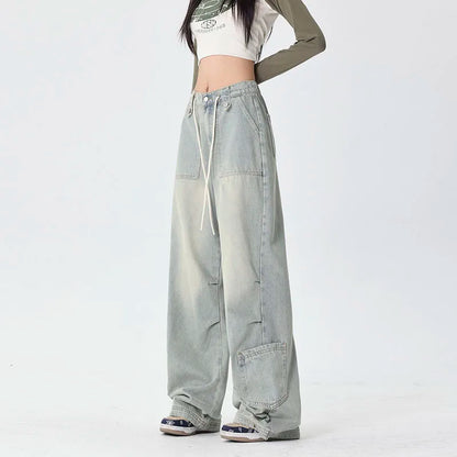 Washed Harajuku Drawstring Casual Floor-Length Denim Jeans