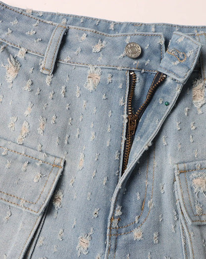 High Waist Loose Ripped Cargo Jeans