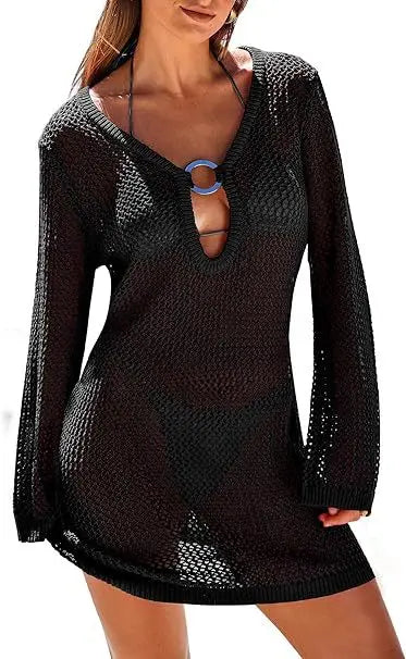 Hollow Out Knitted Beach Sheer Long Sleeve Slim Summer Fashion Holiday Party Mini Dress