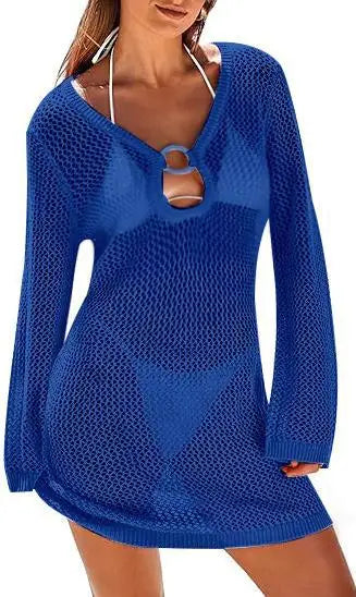 Hollow Out Knitted Beach Sheer Long Sleeve Slim Summer Fashion Holiday Party Mini Dress