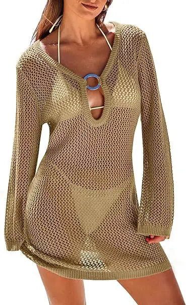 Hollow Out Knitted Beach Sheer Long Sleeve Slim Summer Fashion Holiday Party Mini Dress