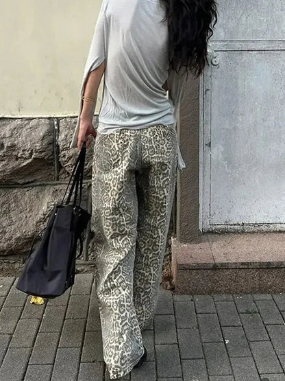 FashionSierra - Girl American Leopard Print Retro Street Casual High Waist Trouser