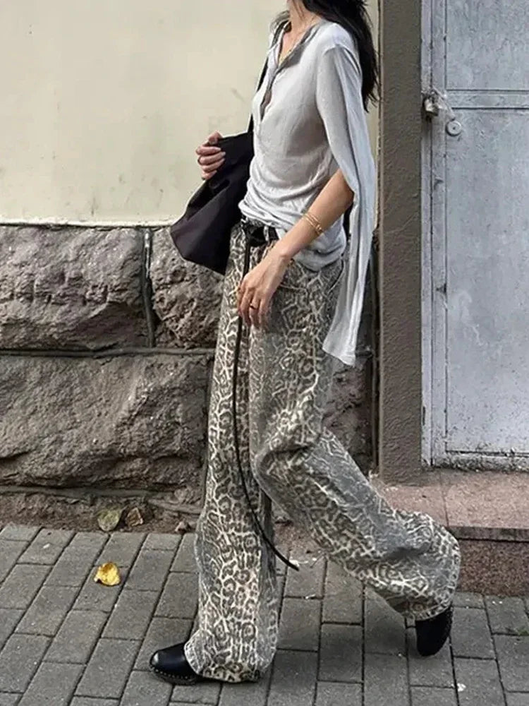 FashionSierra - Girl American Leopard Print Retro Street Casual High Waist Trouser